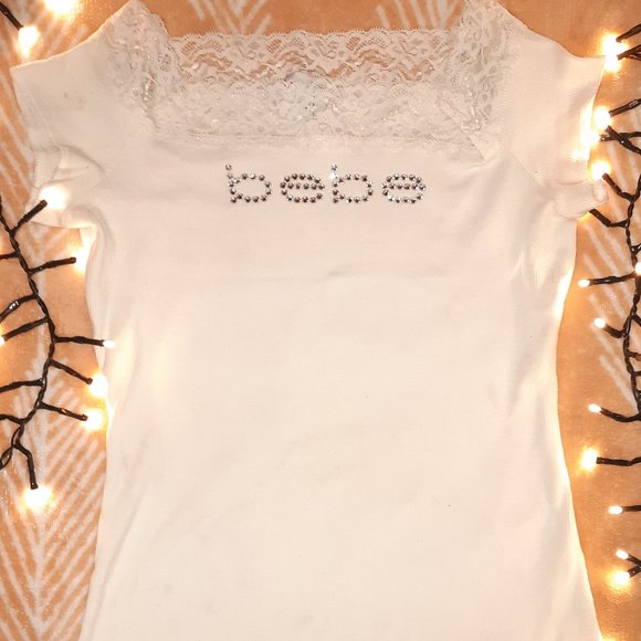 Items $10 and under 3/$20 White Bebe T-shirt with Lace Neckline - Picture 2 of 3